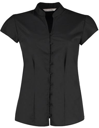 K-KK727-Tailored Fit Mandarin Collar Poplin Blouse Cap Sleeve